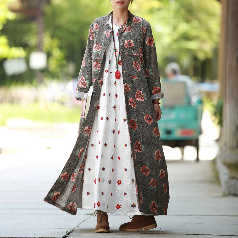 LZJN-Long Ethnic Flower Trench Coat for Women, Duster Coat, Windbreaker, Chic Overcoat, Kaban, 2024Autumn, 32240