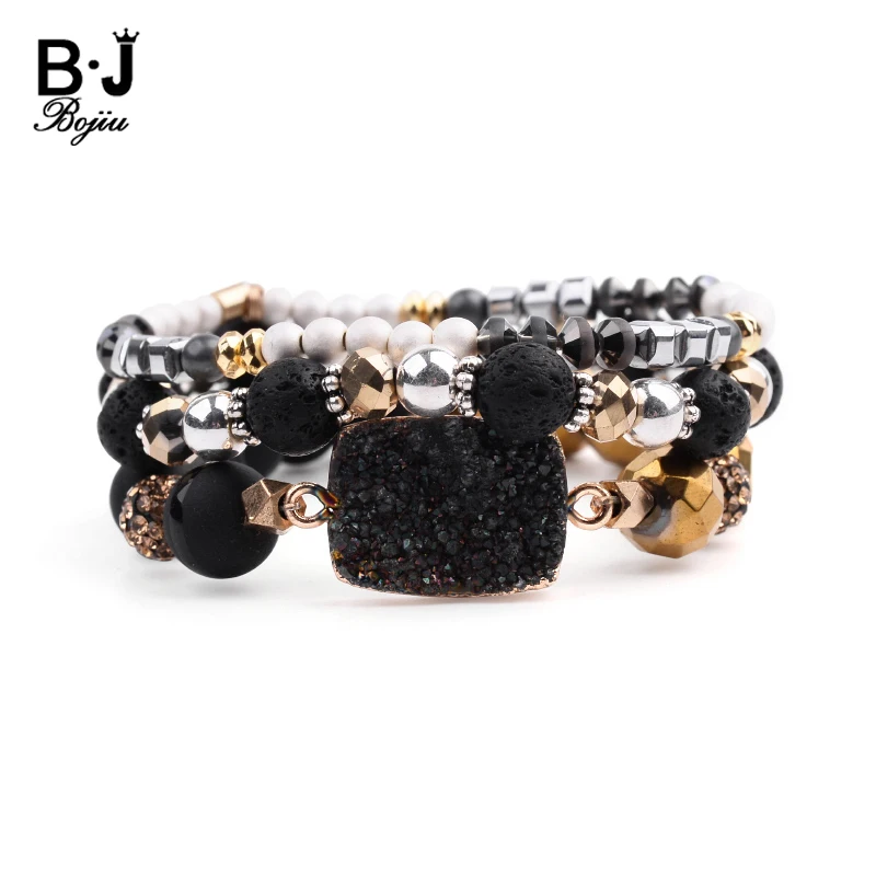 

3 Pcs/Set Natural Stone Classic Women's Bracelets Boho Druzy Black Onyx Lava Glass Plastic Hematite Crystal Bracelets BCSET270