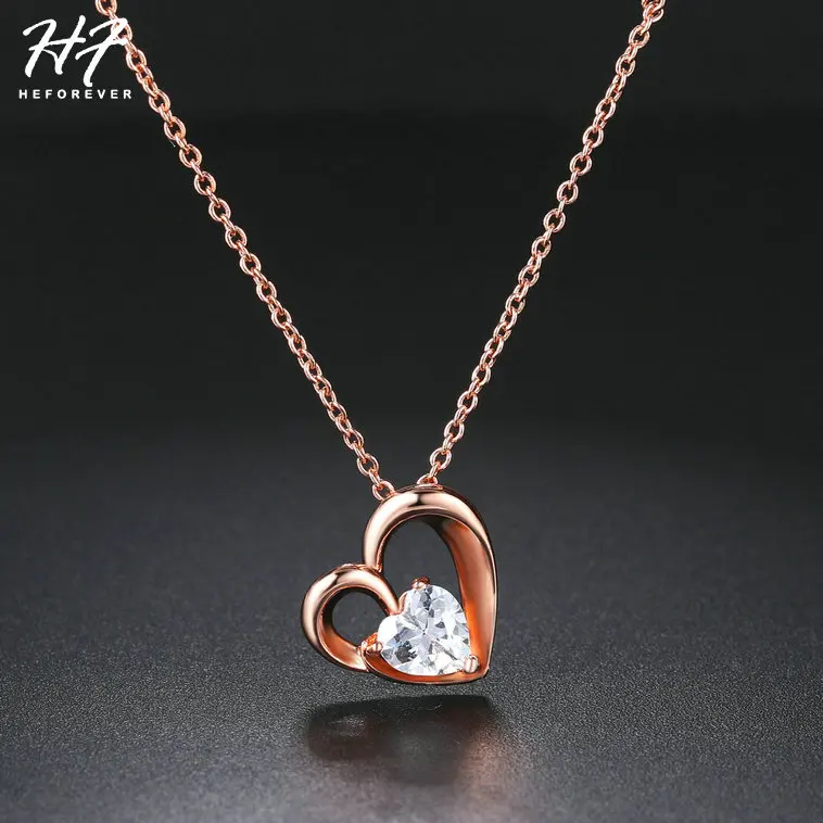 Romantic Lovely Heart Wedding Pendant Necklaces for Women Rose Gold Color AAA+CZ Fashion Jewelry Xmas Gift N056