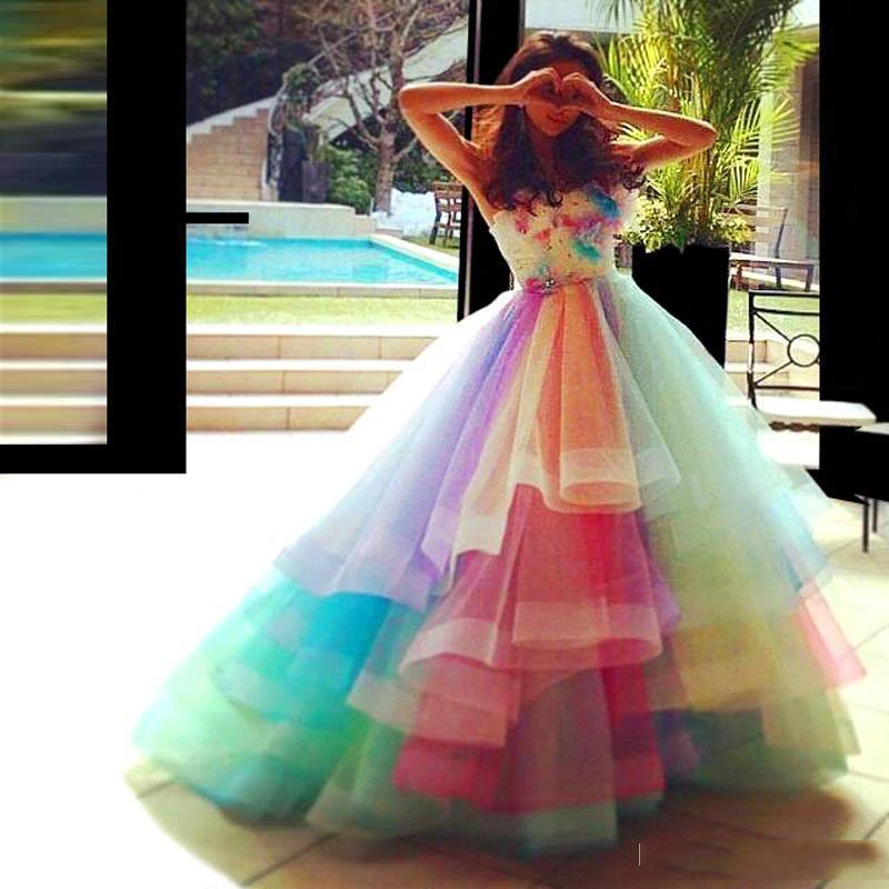 Robe De Soiree Regenboog Kleurrijke Prom Dresses 2020 Sweetheart Tiered Tulle Baljurk Prom Party Jurken Vestidos De Formatura