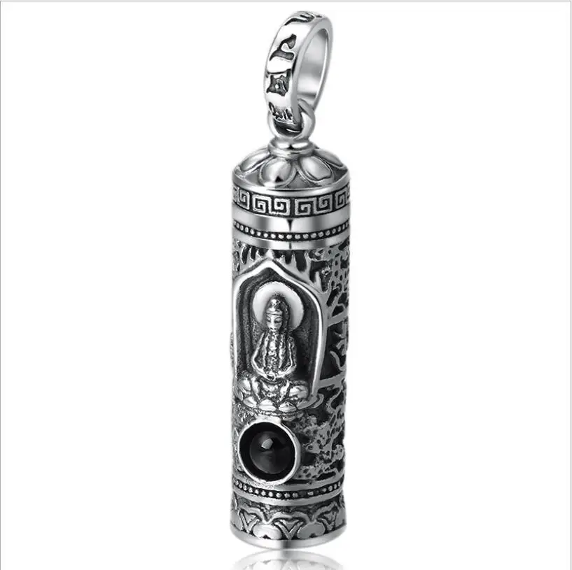 

100% 925 Silver Tibetan Kuanyin Buddha Statue Pendant Necklace Buddhist Six Words Proverb Pendant Avalokitesvara Guanyin Pendant