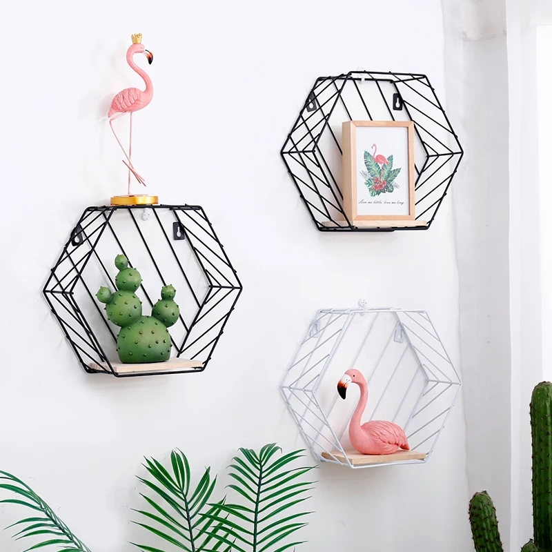 Creative Simple Wall Hemp Rope Partition Wall Hanging Ins Wall Hexagonal Wrought Iron Grid Shelf Shelf Decoration