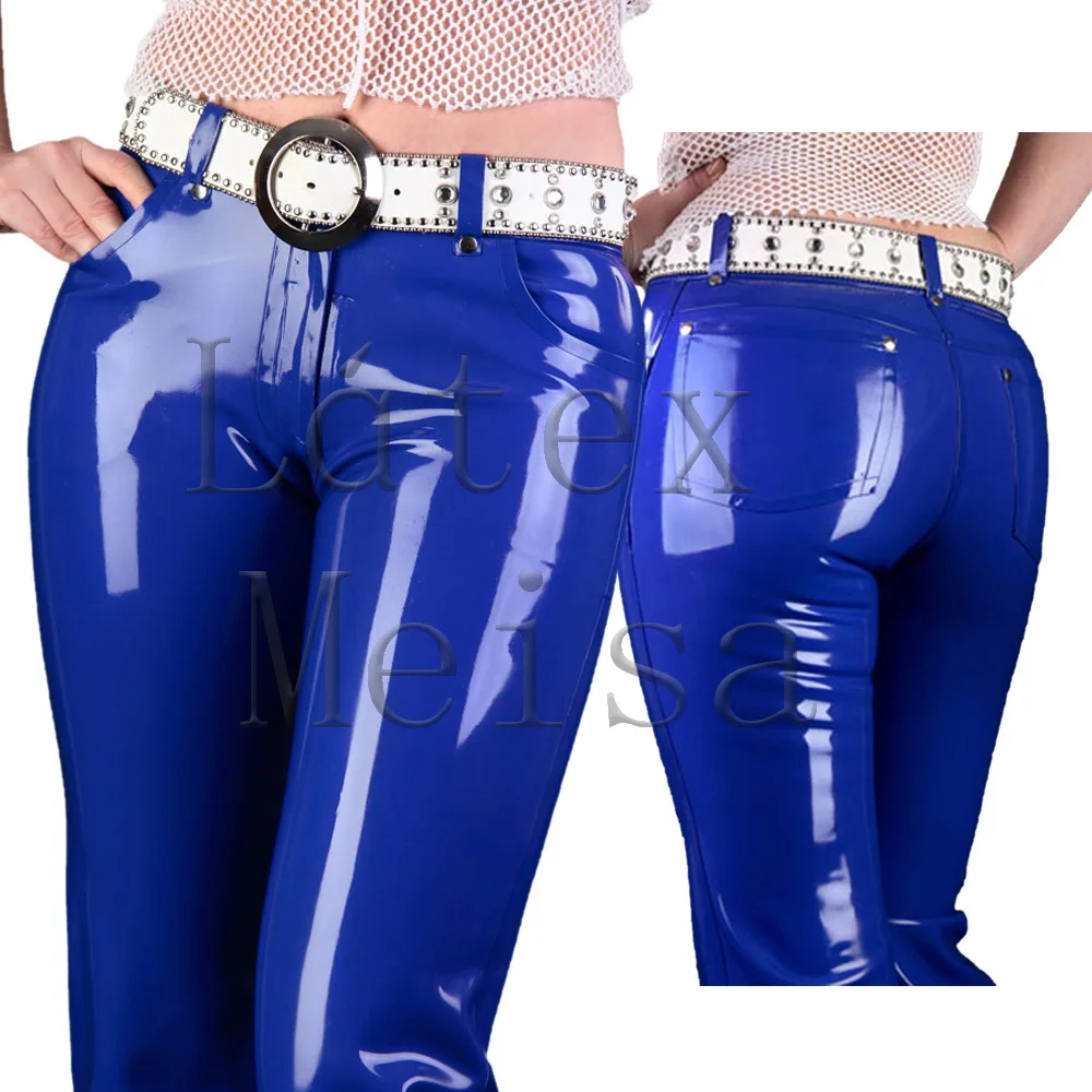 Custom tailored blue straight pants women's latex jeans with middle waist design exclude belt made of 100% real & natural latex