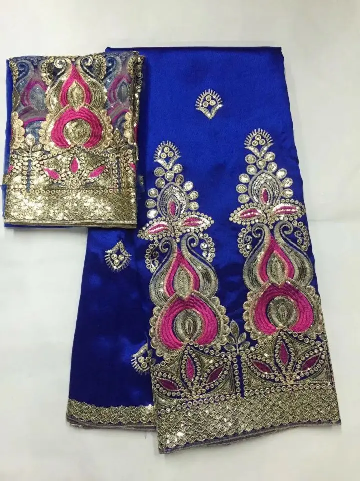 

5 Yards New Fashion Royal Blue African George Fabric With Gold Sequins And 2Yards Net Lace For Clothes JG18-4