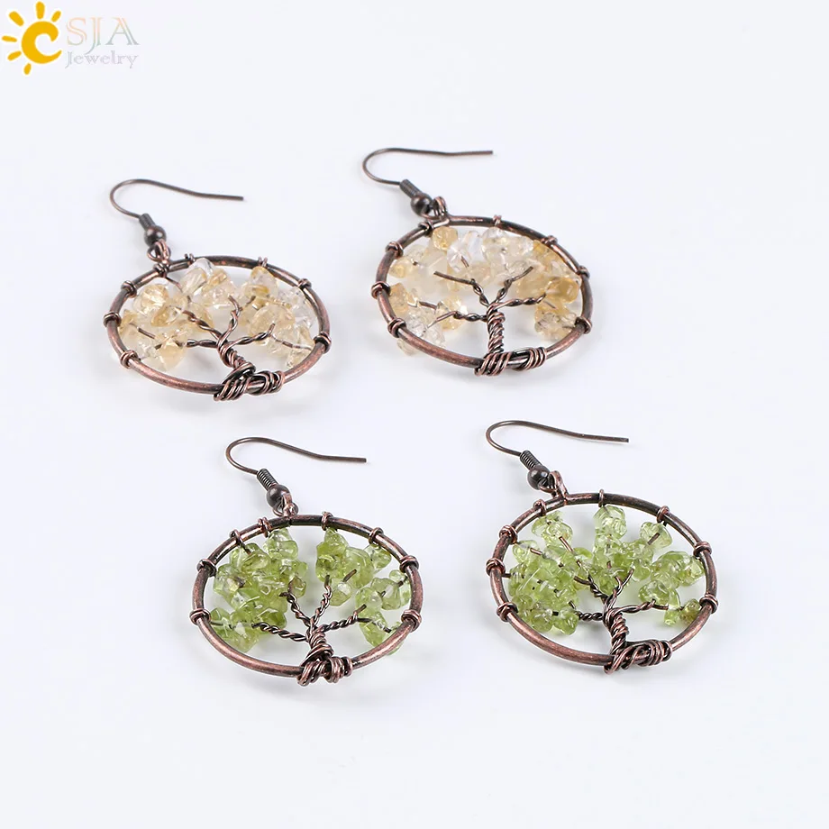 CSJA Wholesale Dangle Earrings for Women Round Tree of Life Ear Drop Natural Chip Stone Bead Reiki 7 Chakra Healing Jewelry E529