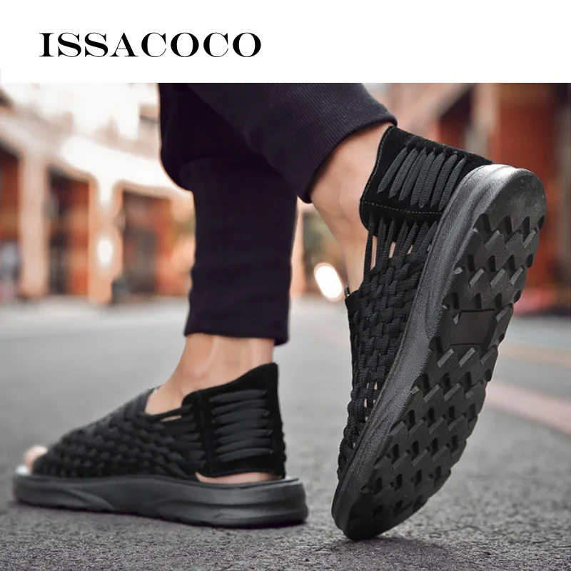 ISSACOCO Men\'s Summer Slippers Men Artificial Weaving Flat Shoes Outdoor Casual Shoes High Quality Non-slip Sandals Adult Beach