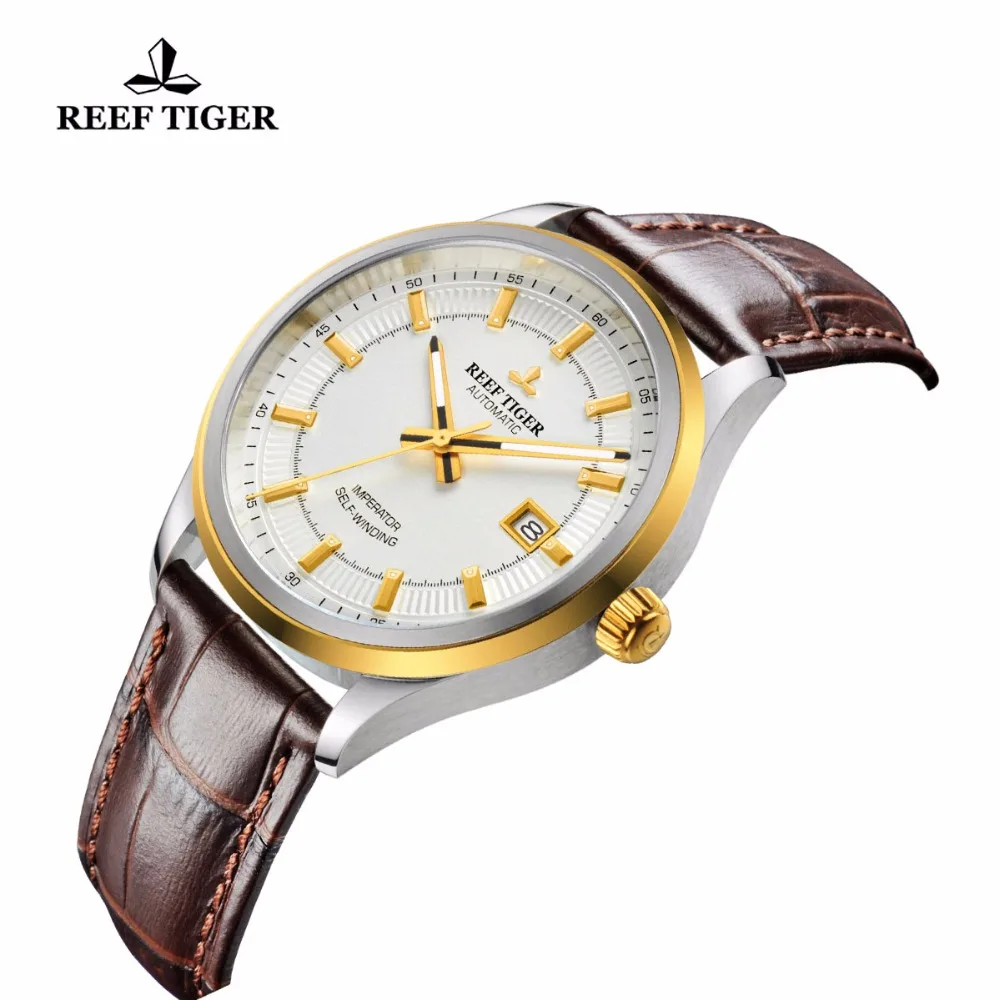 Reef Tiger/RT Dress Business Watch For Men Miyota 9015 Super Luminous Watches with Date Steel Yellow Gold Watch RGA8015