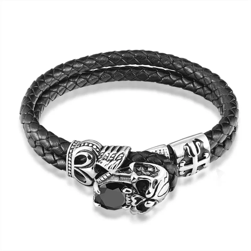 JANEYACY-pulsera de calavera de acero inoxidable para hombre, brazalete de mano de cuerda de cuero sintético negro, joyería Vintage