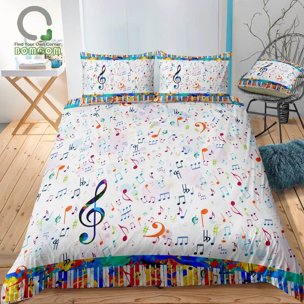 BOMCOM 3D Digital Printing Bedding Set Colorful Piano Keyboard Music Note Treble Clef 3-Pieces Duvet Cover Sets 100% Microfiber