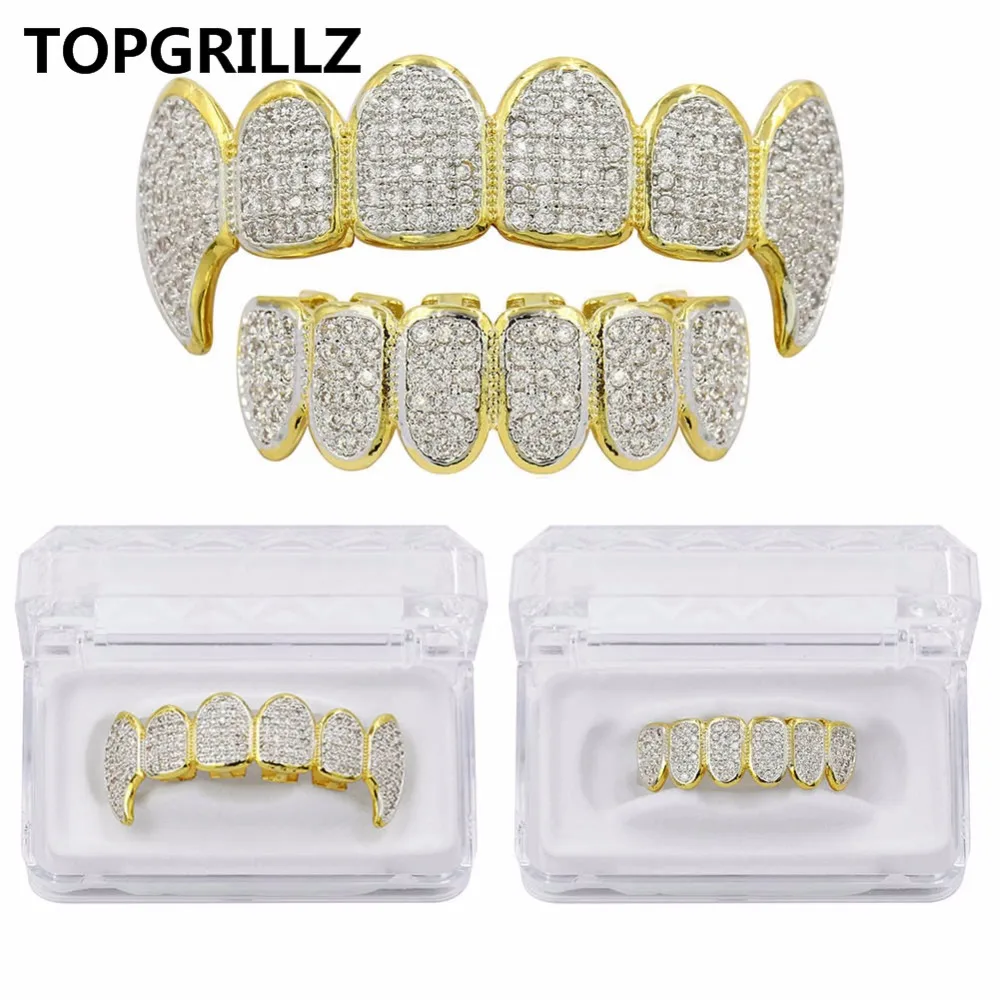 TOPGRILLZ New Fit Silver Plated CZ Micro Pave Top & Bottom GRILL SET Rhodium Teeth Grills Vampire Tooth Grillz