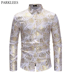 Shiny Gold Rose Print White Men Shirt Long Sleeve Slim Fit Floral Mens Dress Shirts Party Casual Prom Male Social Shirt Camisas