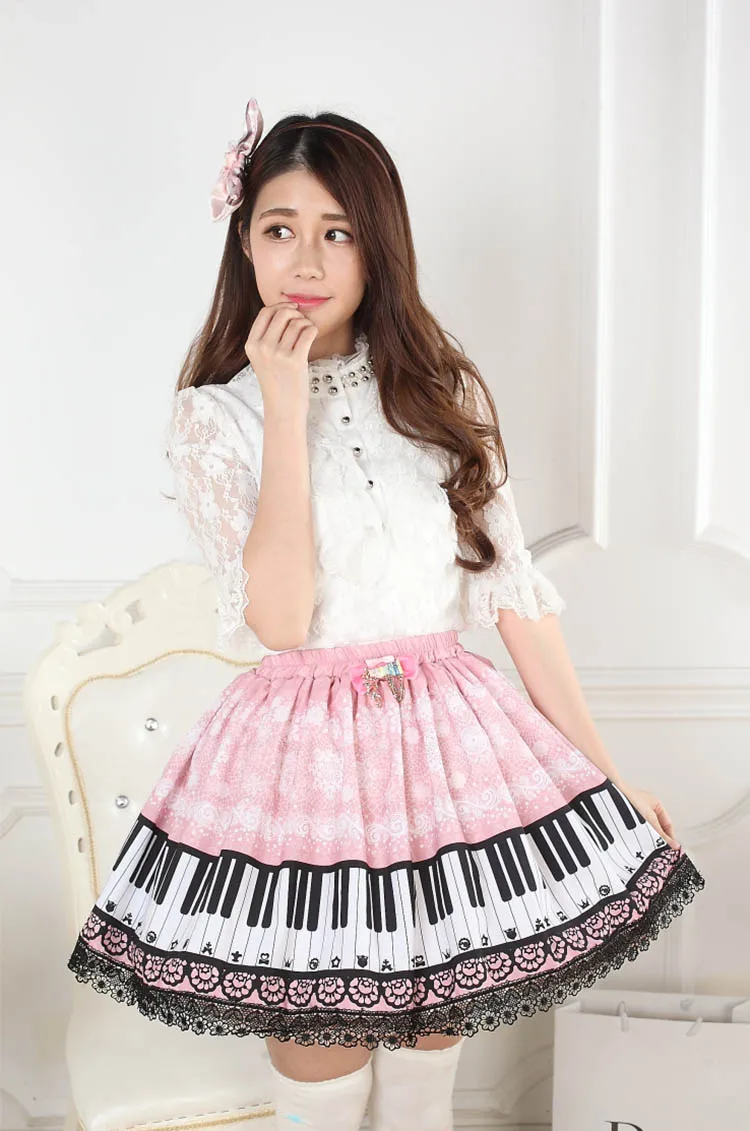 Harpsichord Piano Keyboard Printed Skirts Women Pink Lolita Princess Pleated Lace Sweet A-Line Super Cute Lady Fashion Skirt