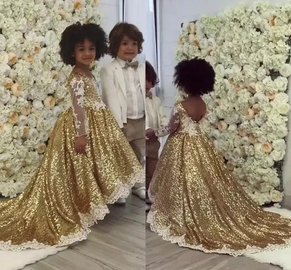 Gold Sequins Flower Girls Dresses For Weddings White Appliques Illusion Long Sleeves Bling Asymmetric Girls Pageant Dresses