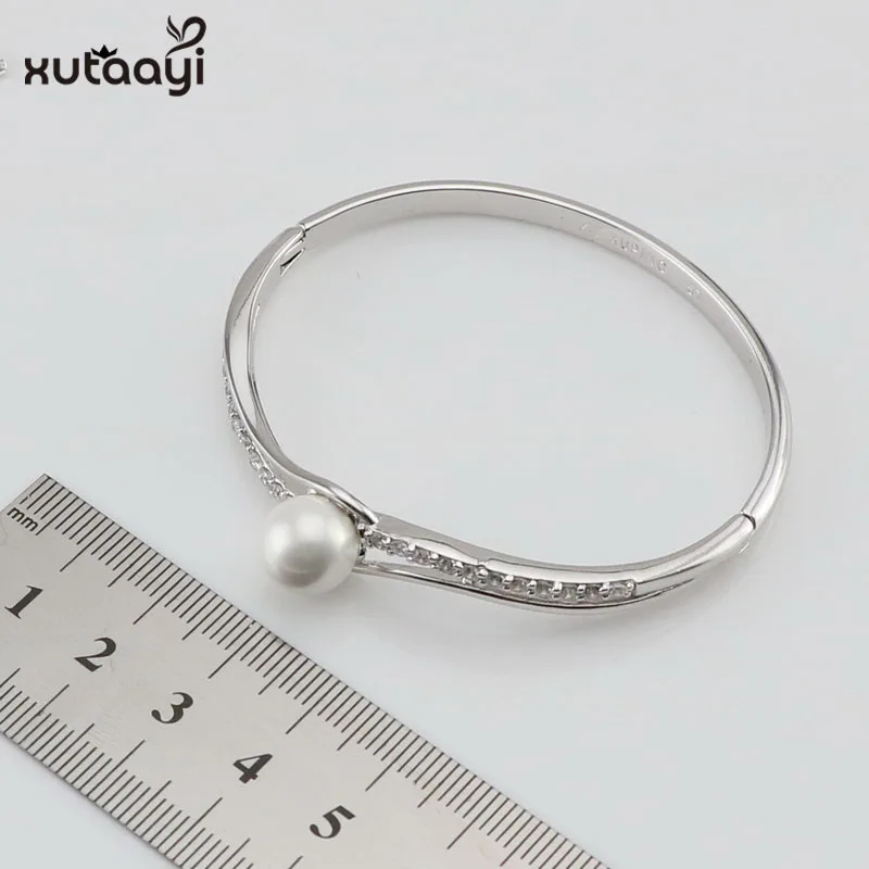 XUTAAYI White Simulated-Pearl White CZ  Sterling Silver Jewelry Sets For Women Necklace Pendant Drop Earrings Rings Gift box