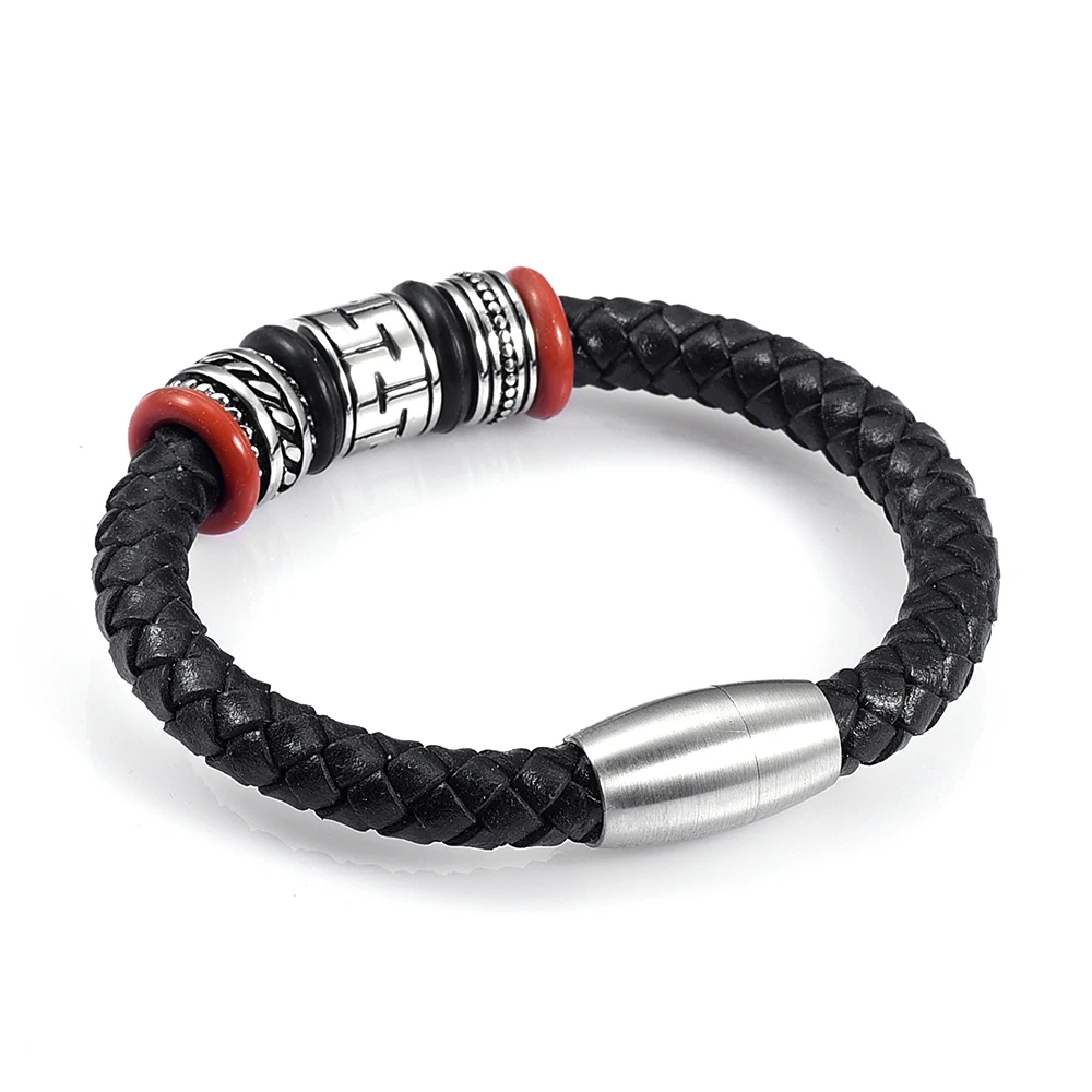 

MJB0525 Womens Mens Stainless Steel Bangle Cuff Leather Ball Charms Bracelet