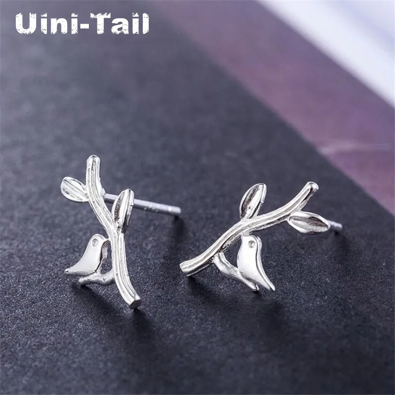 Uini-Tail 2019 new listing 925 Tibetan silver simple personality creative small fresh bird branch earrings hypoallergenic ED372