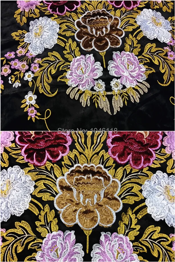 Deluxe Applique Floral Location Design Black Velvet Upholstery Embroidery Fabric Sofa Chair Cushion Fabric Sell by 1 pair