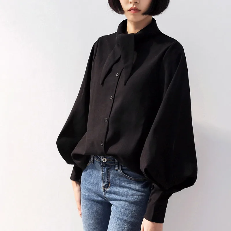 Elegant Lantern Sleeve Shirts Blue Black Bow Collar Solid Color Clothes Spring Long Sleeve Streetwear Women Tops And Blouses