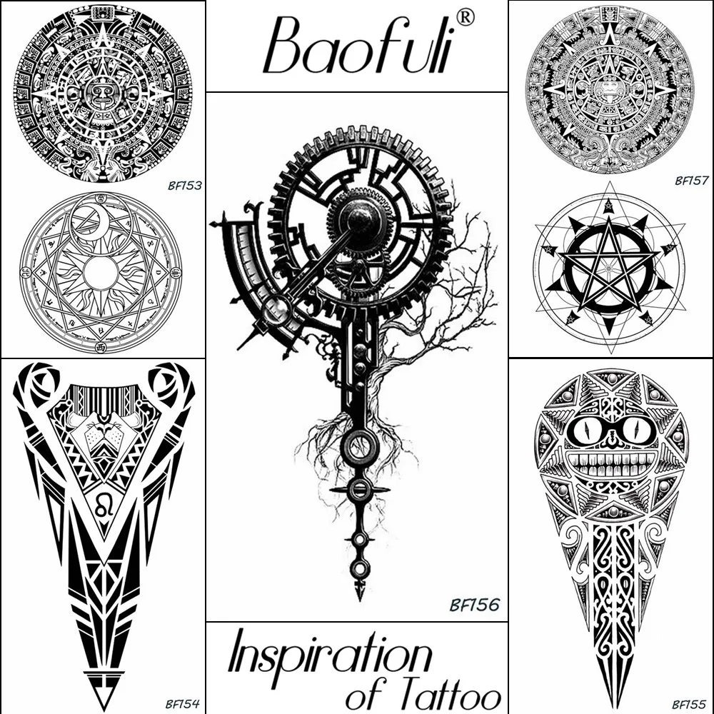 BAOFULI Men Black Totem Body Art Temporary Tattoo Mechanical Round Tatoos Transferable Root Clock Pointer Pendant Tattoo Sticker