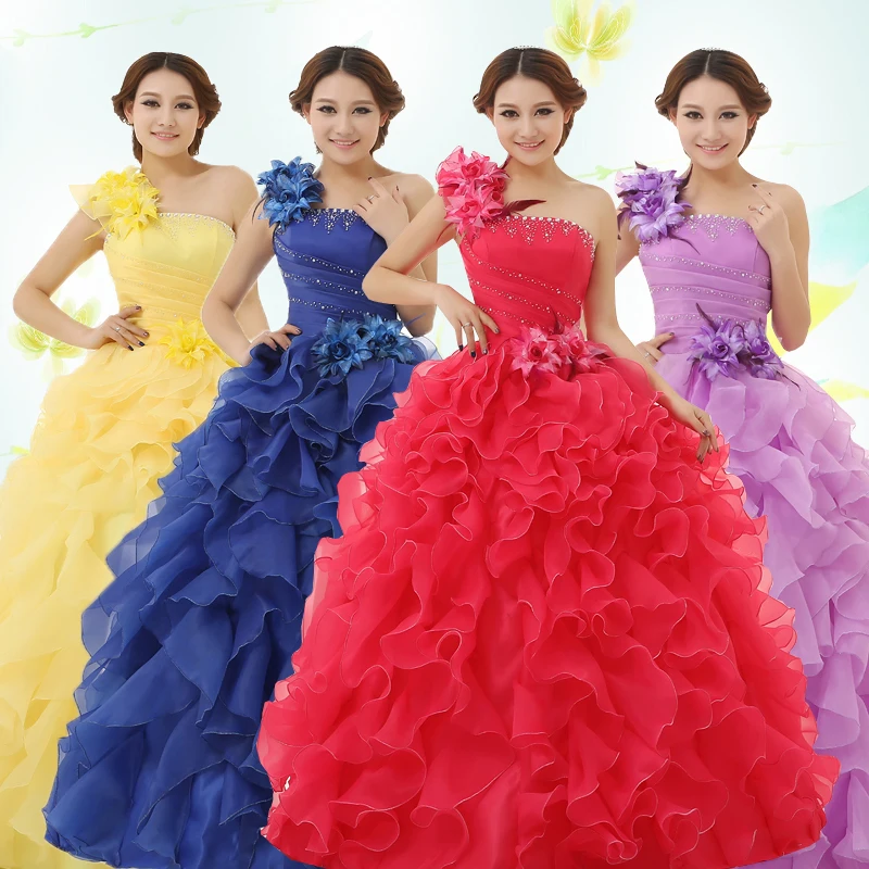 

Freeship with Petticoat ~Stero Shoulder Flower One-shoulder Quinceanera Dresses A431