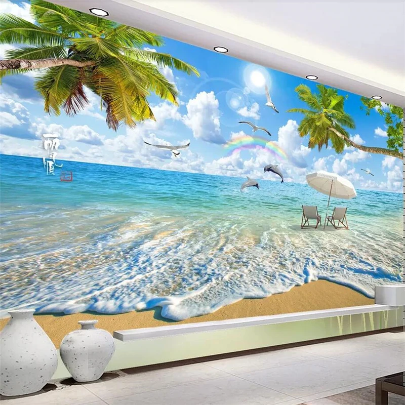 

wellyu Ultra HD Seascape Coconut Tree Beach Landscape Living Room TV Wall Custom Large Mural Green Wallpaper papel de parede