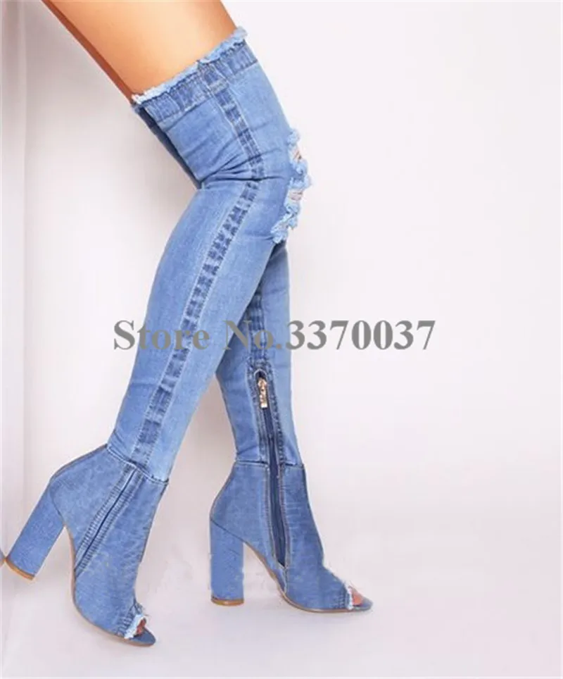 New Fashion Women Slim Style Pointed Toe Denim Over Knee Chunky Heel Boots Bandage Thick Heel Long Boots Causal Boots