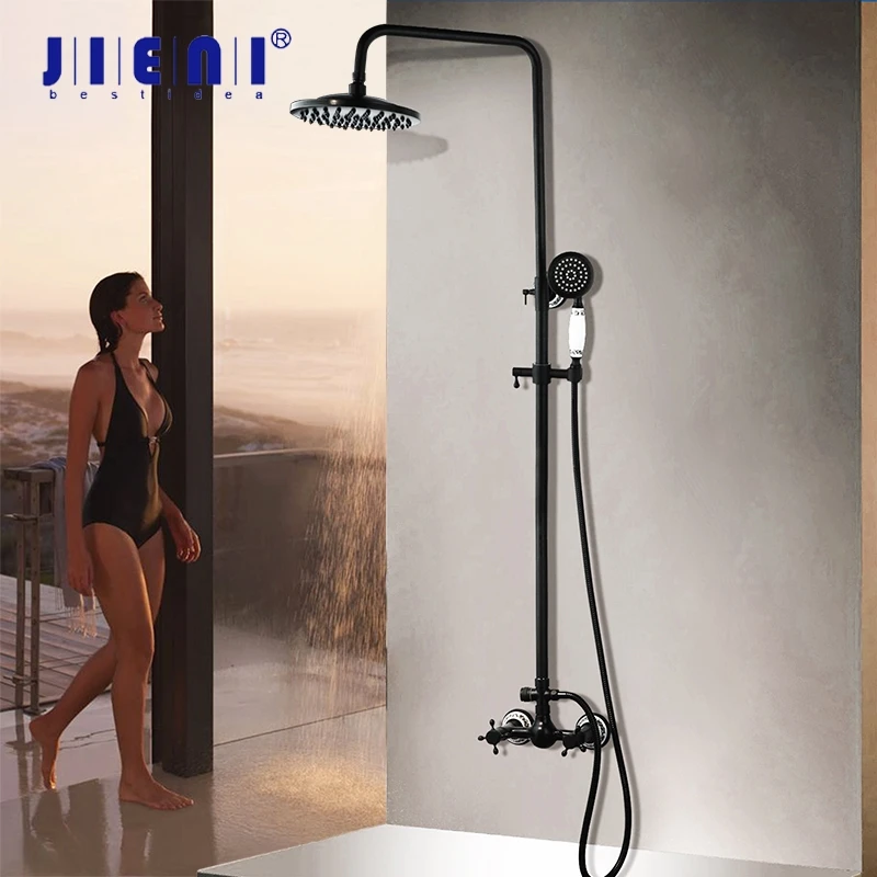 JIENI Black Bathroom Shower Set Shower Head 2 Handles Wall Mounted Ceramic Style Heldhead Shower Faucet Set Bathtub Mixer Tap