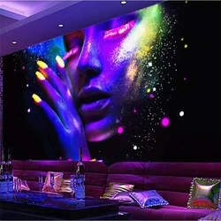 Papel de parede personalizado retro para sala de estar, 3D Photo Mural, Modern Poster Fluorescente Beleza, Bar KTV Pintura Decorativa, Clown Girl Mural