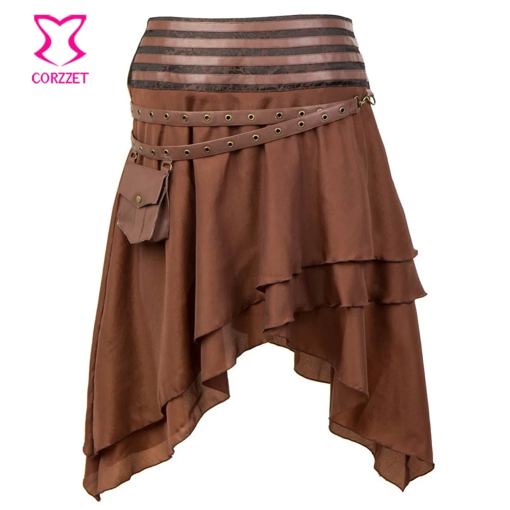 

Corzzet Victorian Brown Ruffle Slik Layered Asymmetrical Side Zipper With Pockets Bag Gothic Skrit Women Vintage Steampunk Skirt