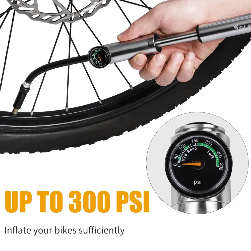 WEST BIKING Bike Pump 300Psi With Hose Gauge For Fork Rear Suspension Cycling Tire Inflator Presta Schrader Valve Bicycle Pump