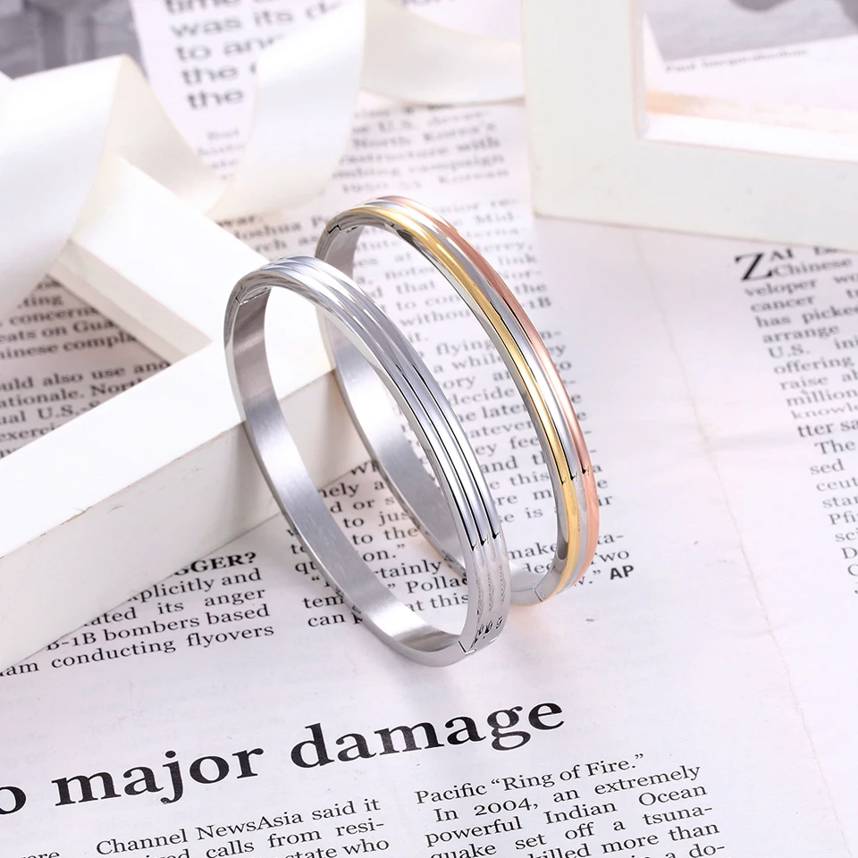 New Women Charm Bracelet Stainless Steel Rose Gold Color Unique Three Sides Round Bracelets & Bangles Wedding Brand Jewelry