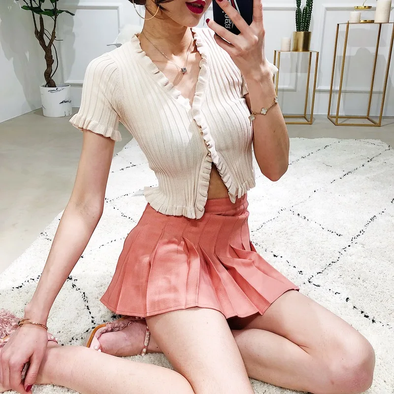 Women Summer Harajuku Knitted Short Sleeve Ruffles Crop Top Sexy Street Wear T-shirt Femme Black Funny Short T Shirt Cute Tees