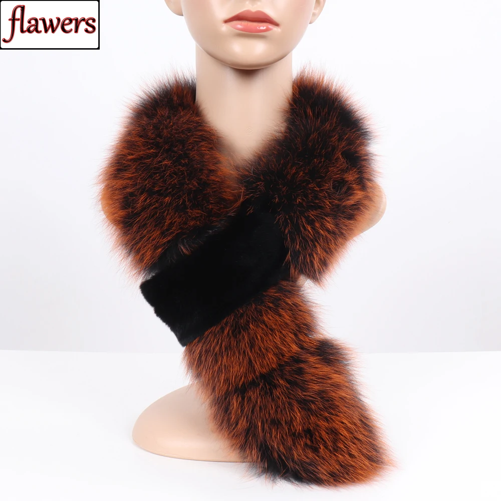 

New Arrival Winter Women Real Fox Fur Scarf With Rex Rabbit Fur Scarves Warm Natural Fox Fur Muffler Fox Fur Shawl Collar