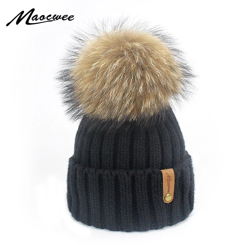 Wholesale Mink And Fox Fur Ball Cap Pom Poms Winter Hat For Women Girl \'S Hat Knitted Beanies Cap New Thick Female Skullies