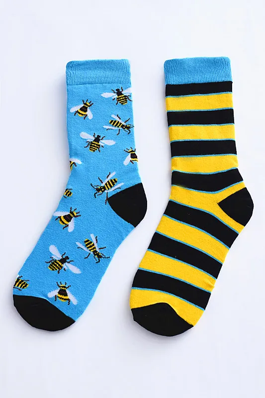 New Novelty Men Socks Colorful Fruit Watermelon guitar leopard bee 75% Cotton Harajuku Cool Skate High Socks for men Right left