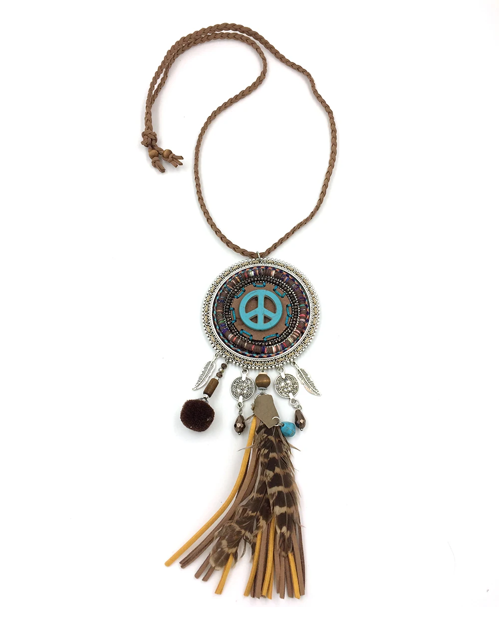 Boho Chic Bohemia Peace Symbol pendants Necklace Pompoms charm feather leather tassle pendants Necklaces