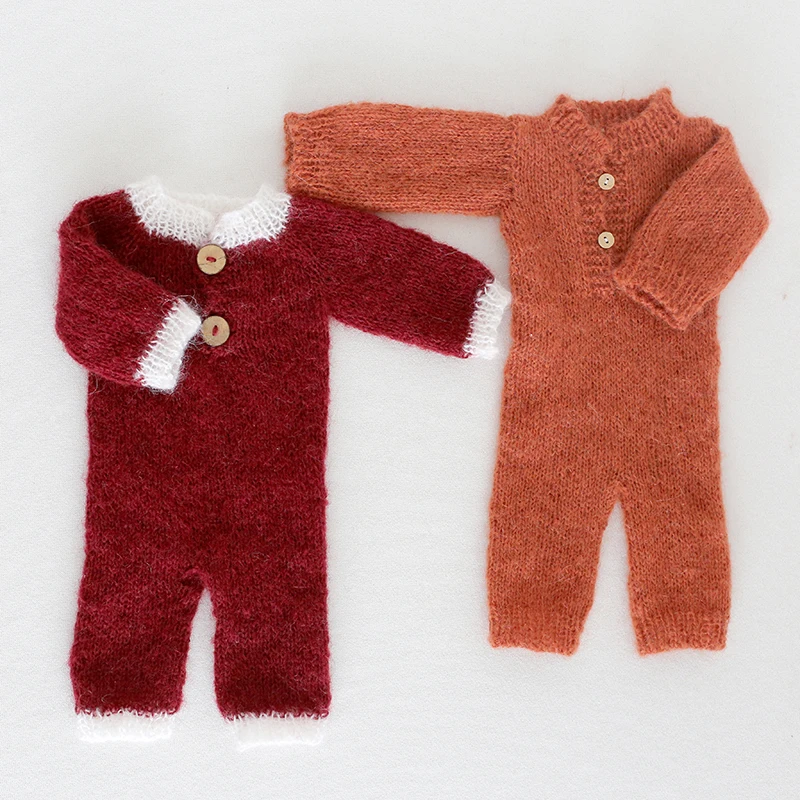 

Crochet Mohair Baby Hooded Romper Newborn Overall Outfit Photography Props Christmas Outfit