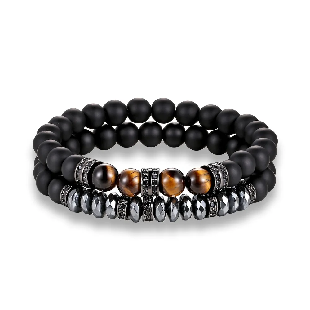 LKO New Arrive 2pcs Men Woman Tiger Eyes Bead Bracelet Beaded Black Mantra Prayer Beads Buddha Bracelet For Women And Men