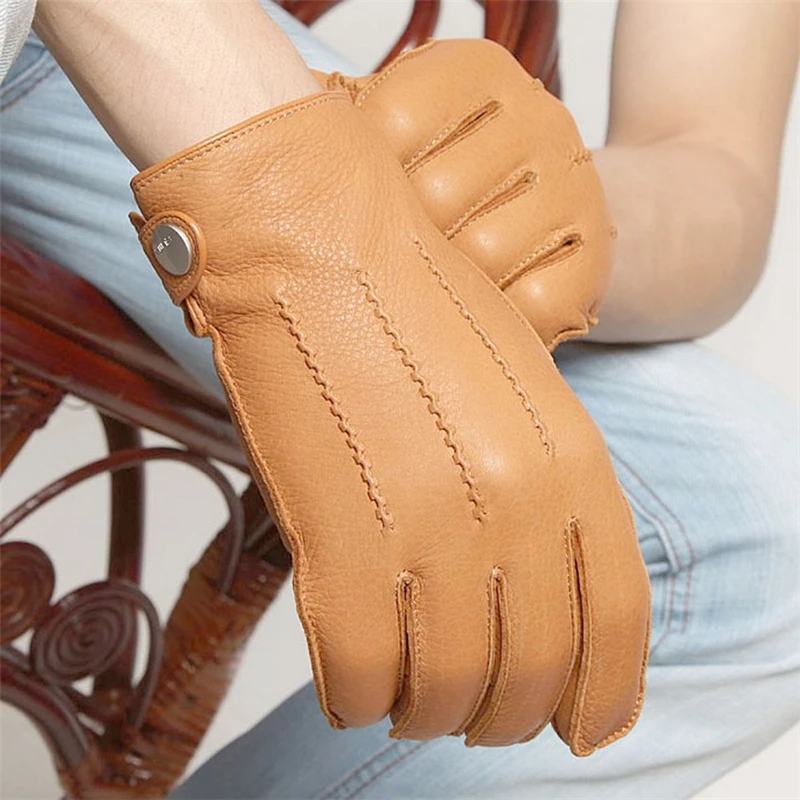 New High Quality Rushed Men Genuine Leather Gloves Luxury Deerskin Glove Wrist Driving Winter Cashmere Lining EM012WR-5