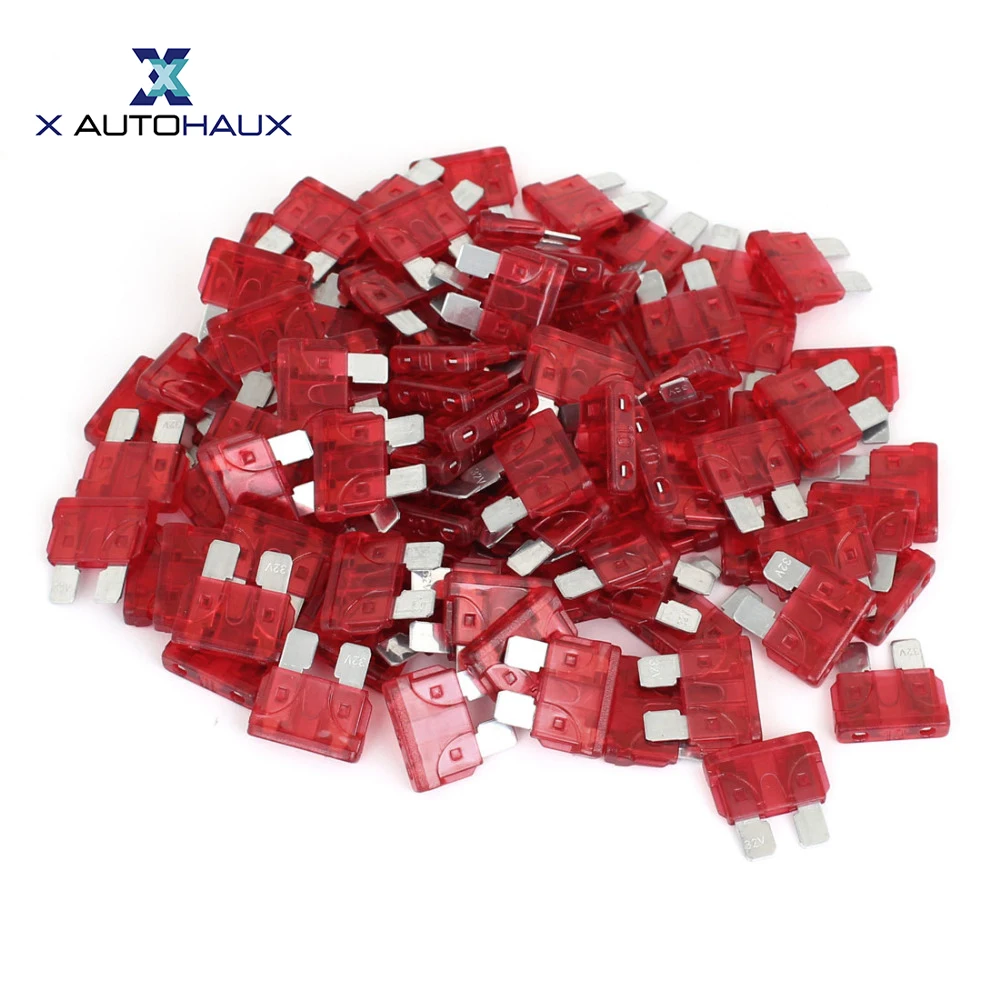 X AUTOHAUX 100Pcs 10Amp 10A Red Body Two Prong Blade Plug-in ATC Fuses