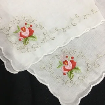 

Set of 12 Fashion Wedding Bridal Handkerchiefs White Cotton Hankie with Scallop Edges & Color embroidery Floral Hanky 12x12-inch