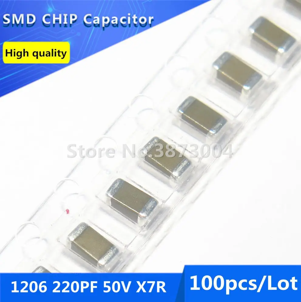 100pcs 1206 220PF 50V X7R 10% Thick Film Chip Multilayer Ceramic Capacitor