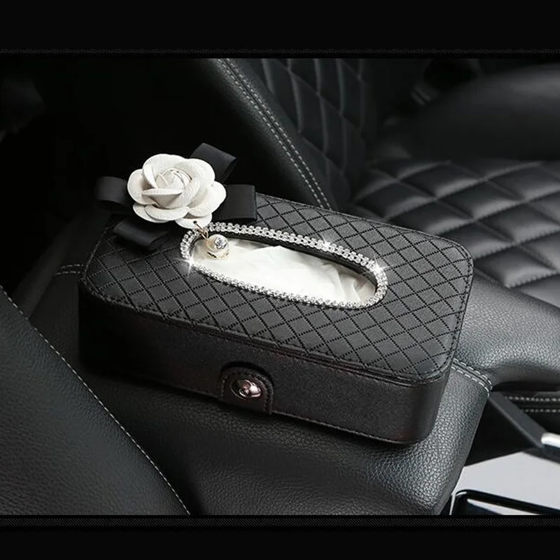 Crystal Car Tissue Box Camellia Flower PU Leather Auto Tissue Bag Seat Back Headrest Hanging Holder Case For Car Accessories