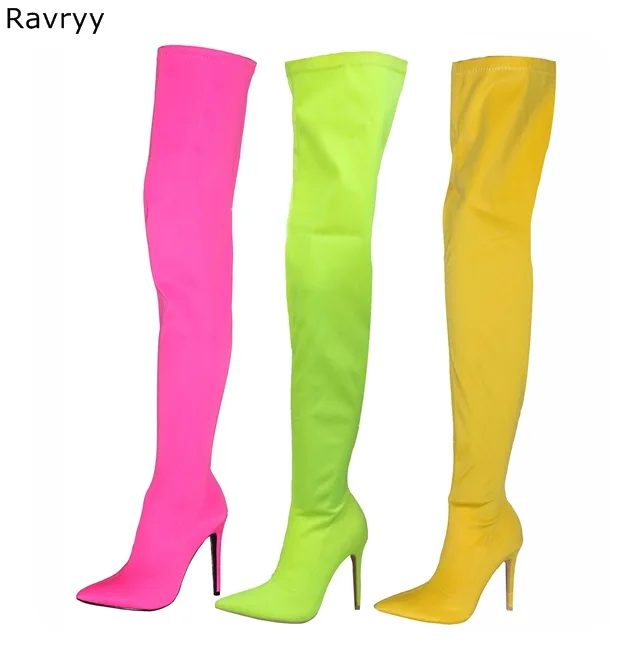 Candy Color Elastic woman\'s long boots orange pink green pointed toe thin leg autumn over-the-knee boot model club female shoes