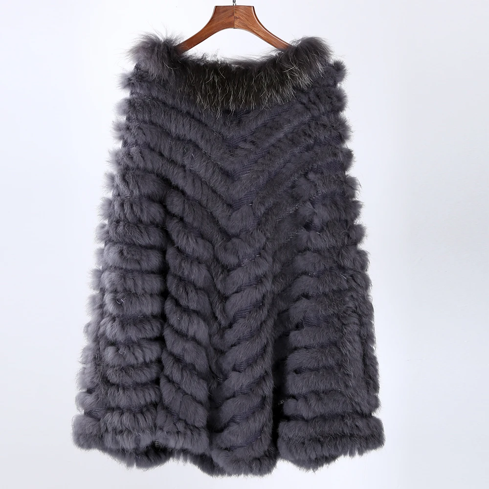 New Women\'s Luxury Pullover Knitted Genuine Rabbit Fur Raccoon Fur Poncho Cape Real Fur Knitting Wraps Shawl Triangle Coat