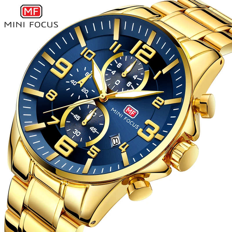 Mini focus relógio quartzo dourado azul, relógio masculino social de aço inoxidável cronógrafo para homens 0278g