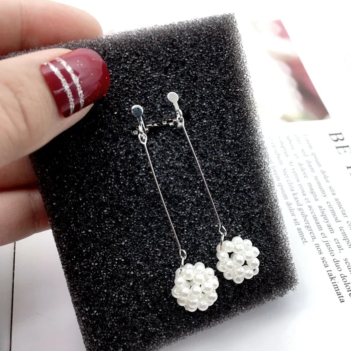 Grace Jun New Springs Handmade Long Pearl Ball Clip on Earrings and Pierced Popular Student Earrings Luxury Jewelry Wholesale