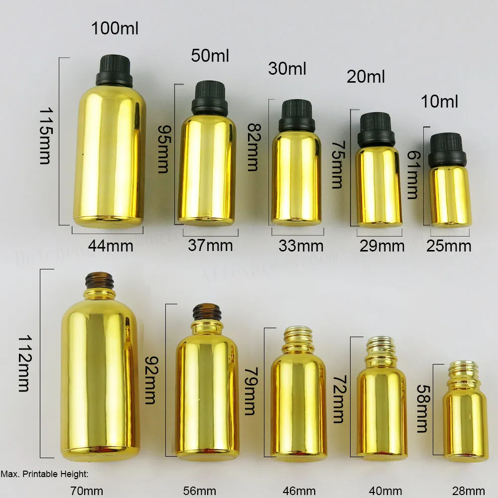 12 x New Design 5ml 10ml 20ml 30ml 50ml 100ml Refillable Gold Glass Bottle With Tamper Evident Lids 1OZ Glass Cosmetic Container