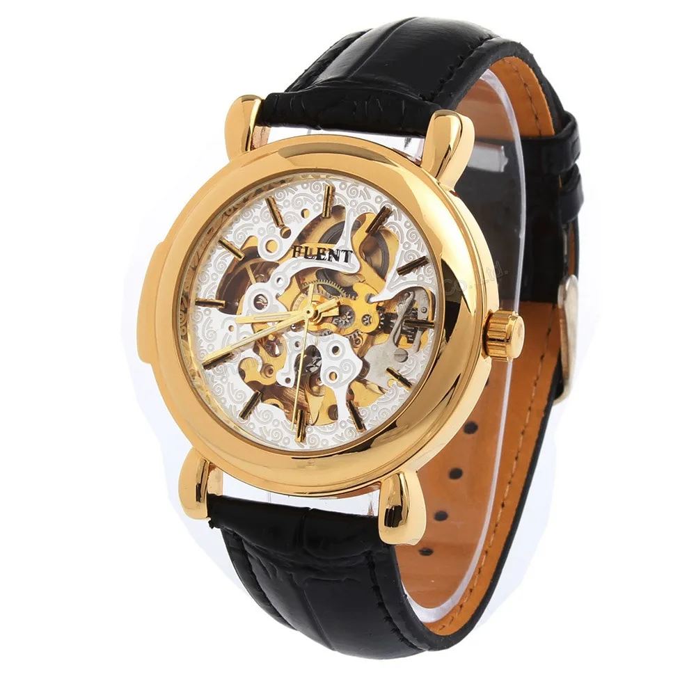 

Men Gold Skeleton Watch Fashion Black Leather Hollow Engraving Automatic Self-winding Wrist watch