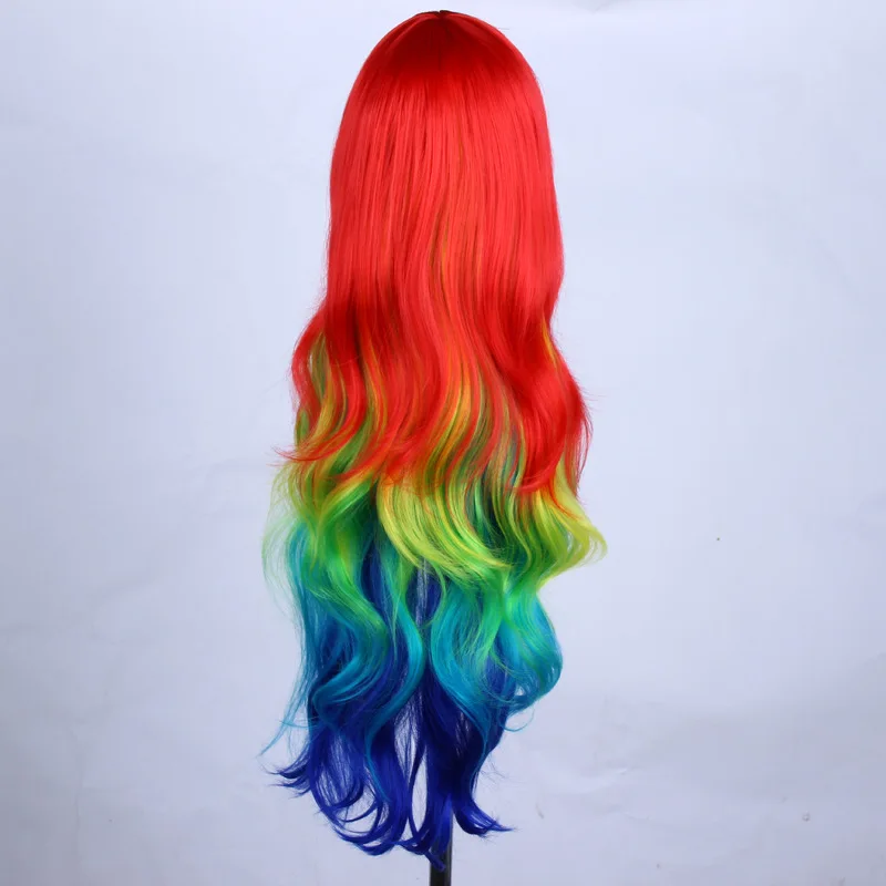 Peluca de fiesta de arco iris con flequillo para mujer, pelo sintético de color rojo, verde, azul, degradado, Anime